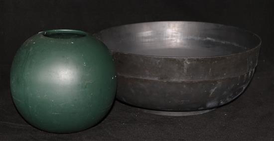 A black Wedgwood bowl and a Delft green pottery bowl